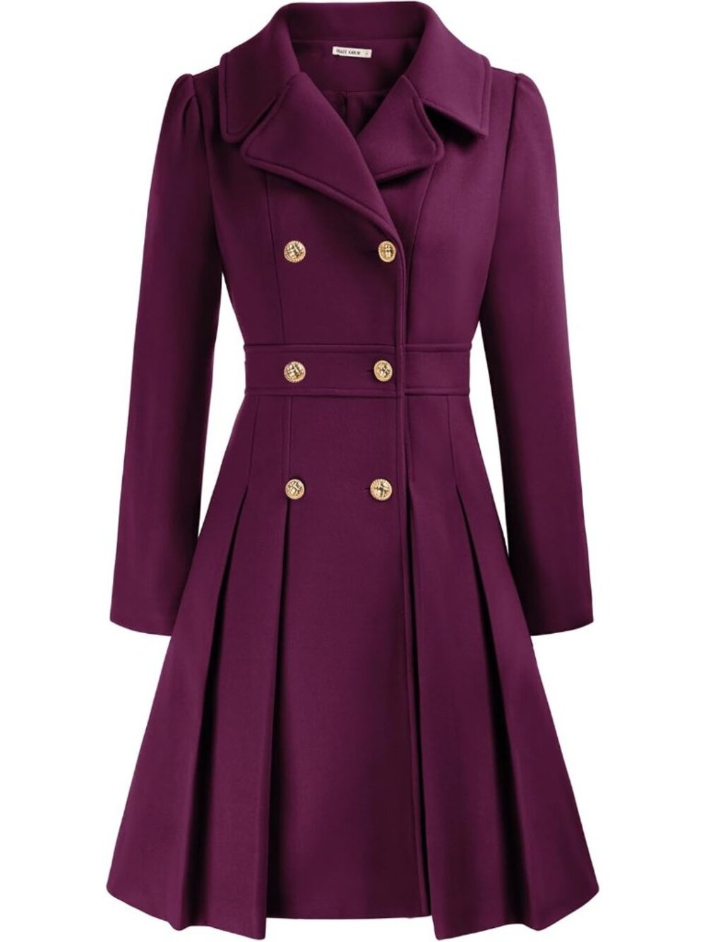 Women's Purple Double Breasted Gold Button Notch Lapel Pleated Trench Pea Coat